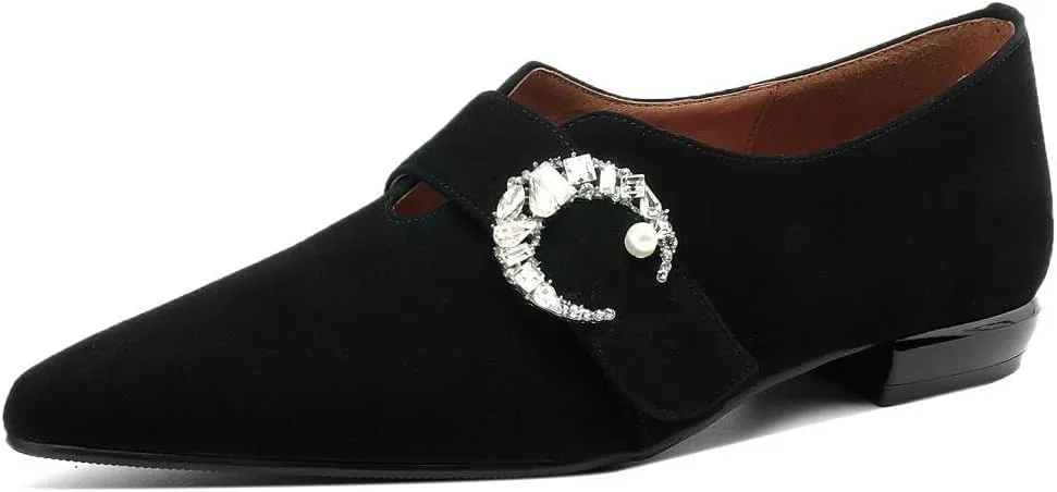 TinaCus Women's Suede Leather Pointed Toe Crystal Moon Handmade Office Loafer Shoes