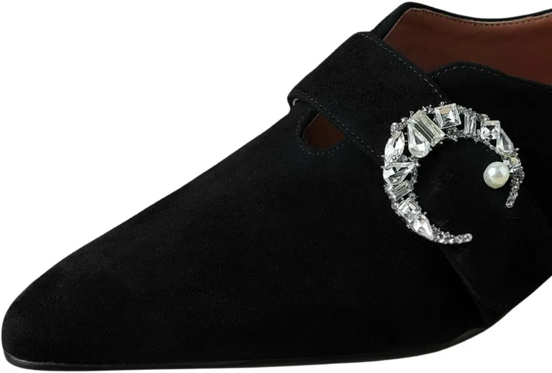 TinaCus Women's Suede Leather Pointed Toe Crystal Moon Handmade Office Loafer Shoes