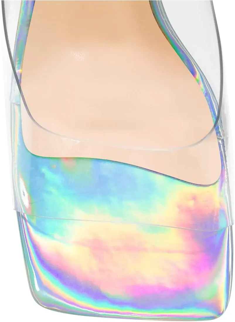 Transparent Clear Chunky Heel Square Toe Sandals Backless Open Toe Slip on Mules Holographic Slipper Dress Shoes