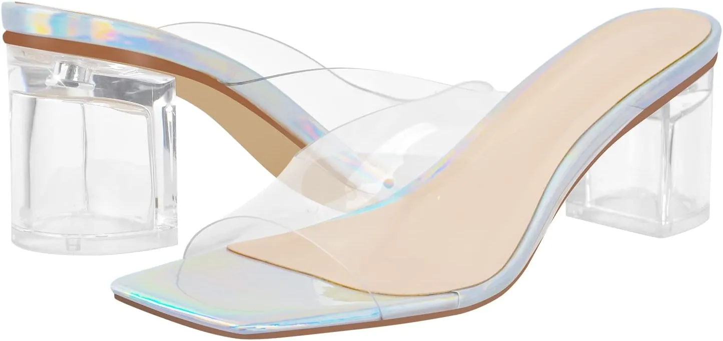 Transparent Clear Chunky Heel Square Toe Sandals Backless Open Toe Slip on Mules Holographic Slipper Dress Shoes