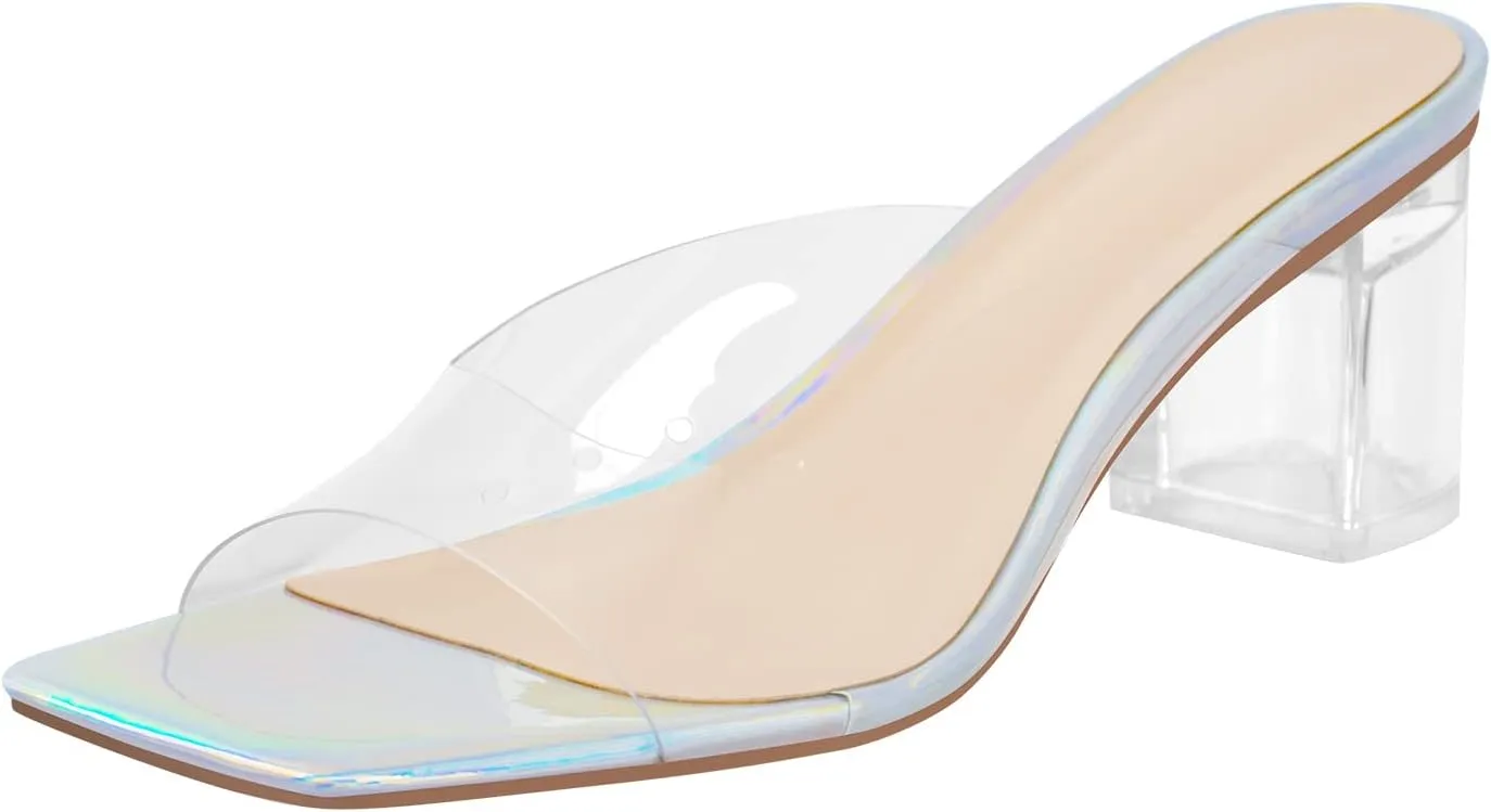 Transparent Clear Chunky Heel Square Toe Sandals Backless Open Toe Slip on Mules Holographic Slipper Dress Shoes