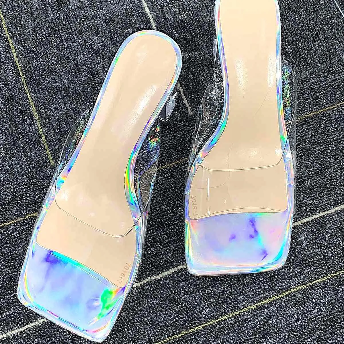 Transparent Clear Chunky Heel Square Toe Sandals Backless Open Toe Slip on Mules Holographic Slipper Dress Shoes