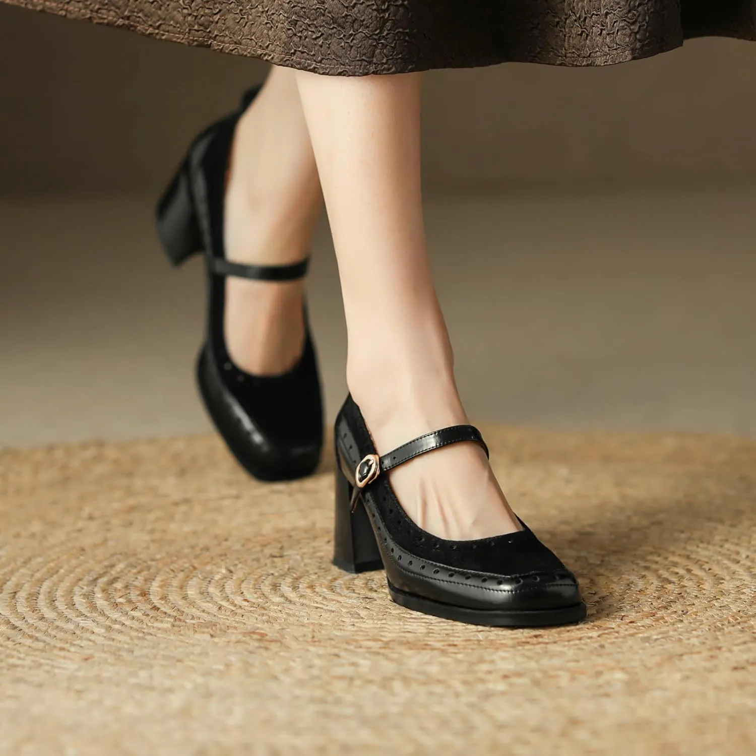 U-lite Women's Pumps Mary Jane High Heel Square Toe Oxfords Dress Shoes Casual Style