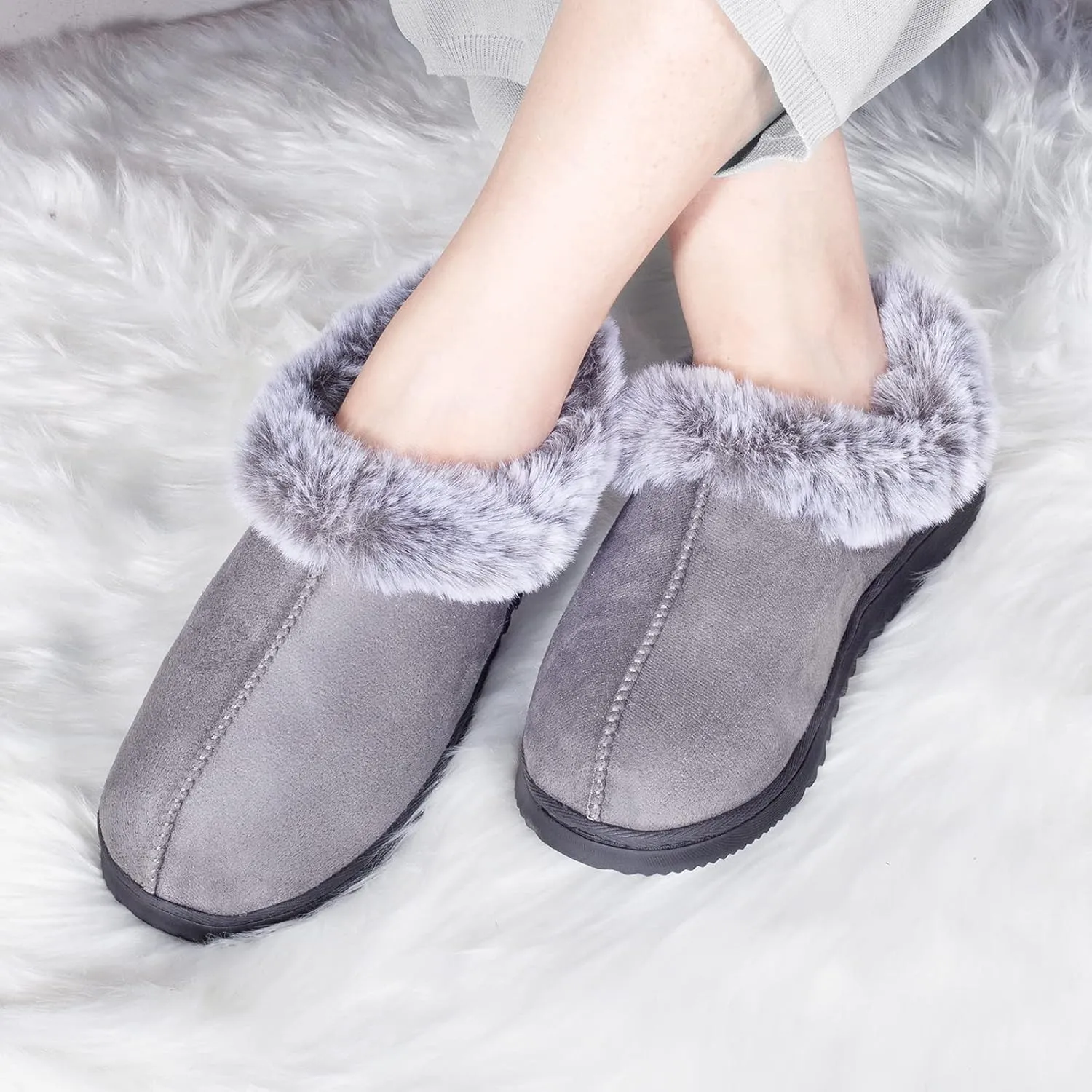UBXRIN Womens Fuzzy Memory Foam Slippers Boots Cozy Faux Fur House Shoes Indoor Outdoor Rubber Sole Anti-Skid