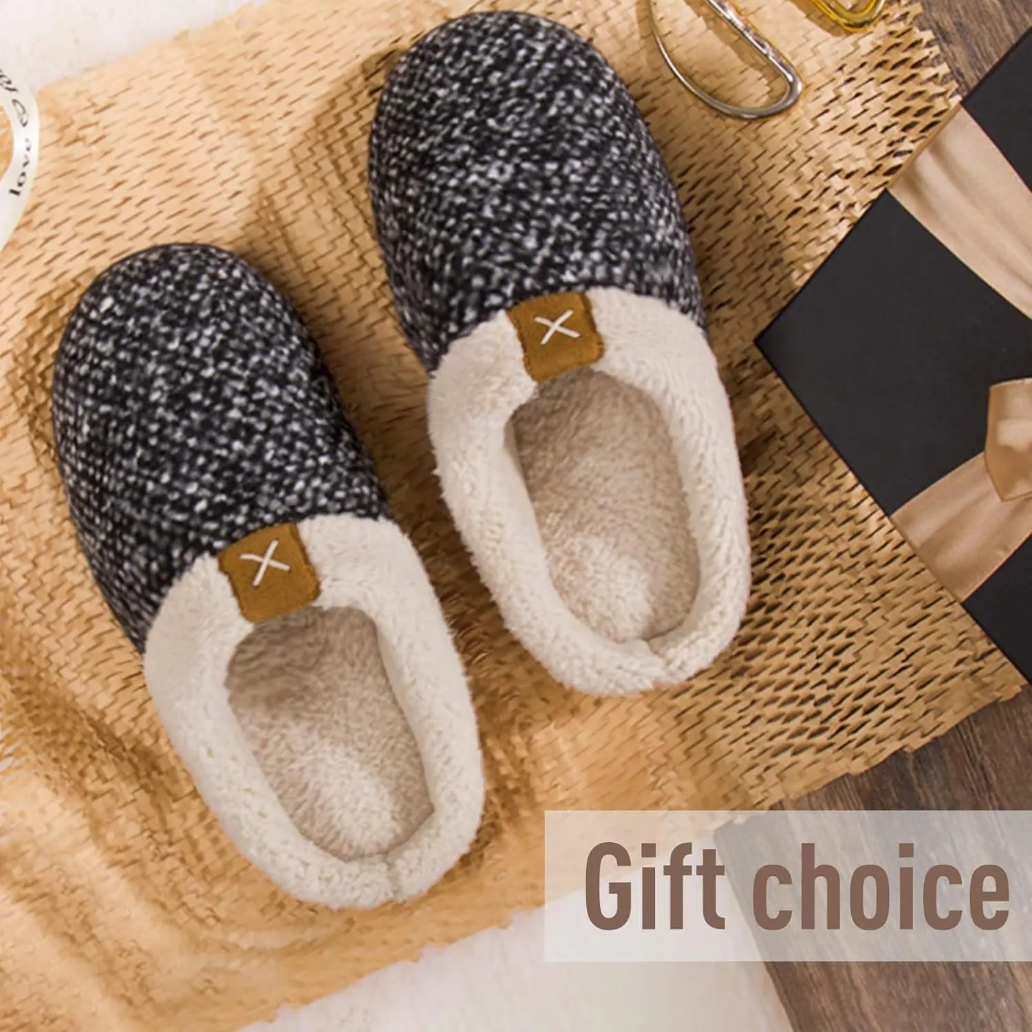 ULTRAIDEAS Mens Slip On Slippers, Sherpa Lined House Shoes with Memory Foam for Indoor Outdoor, Machine Washable