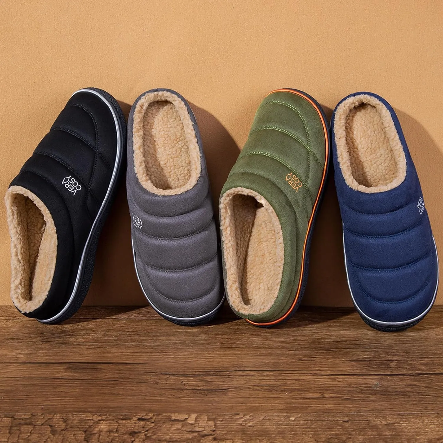 VeraCosy Men's Quilted Slip-on Slippers Technical-cloth Soft Fuzzy Comfy Non-slip Campground Style House Shoes