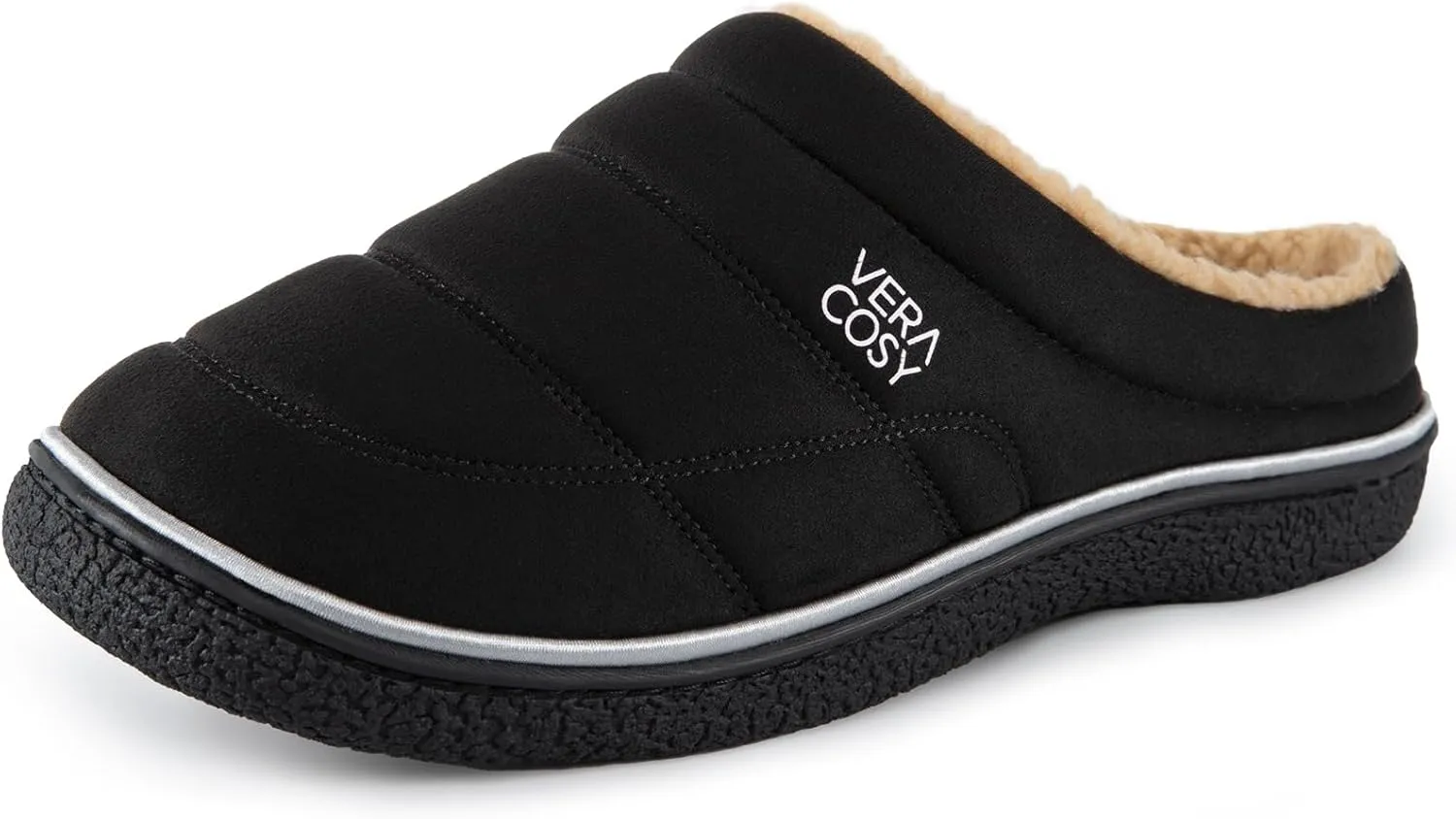 VeraCosy Men's Quilted Slip-on Slippers Technical-cloth Soft Fuzzy Comfy Non-slip Campground Style House Shoes