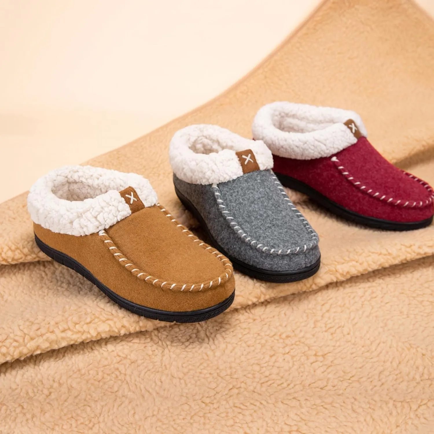 VeraCosy Women's Moccasin Slippers Warm Comfy Wool-felt Memory Foam Indoor House Shoes
