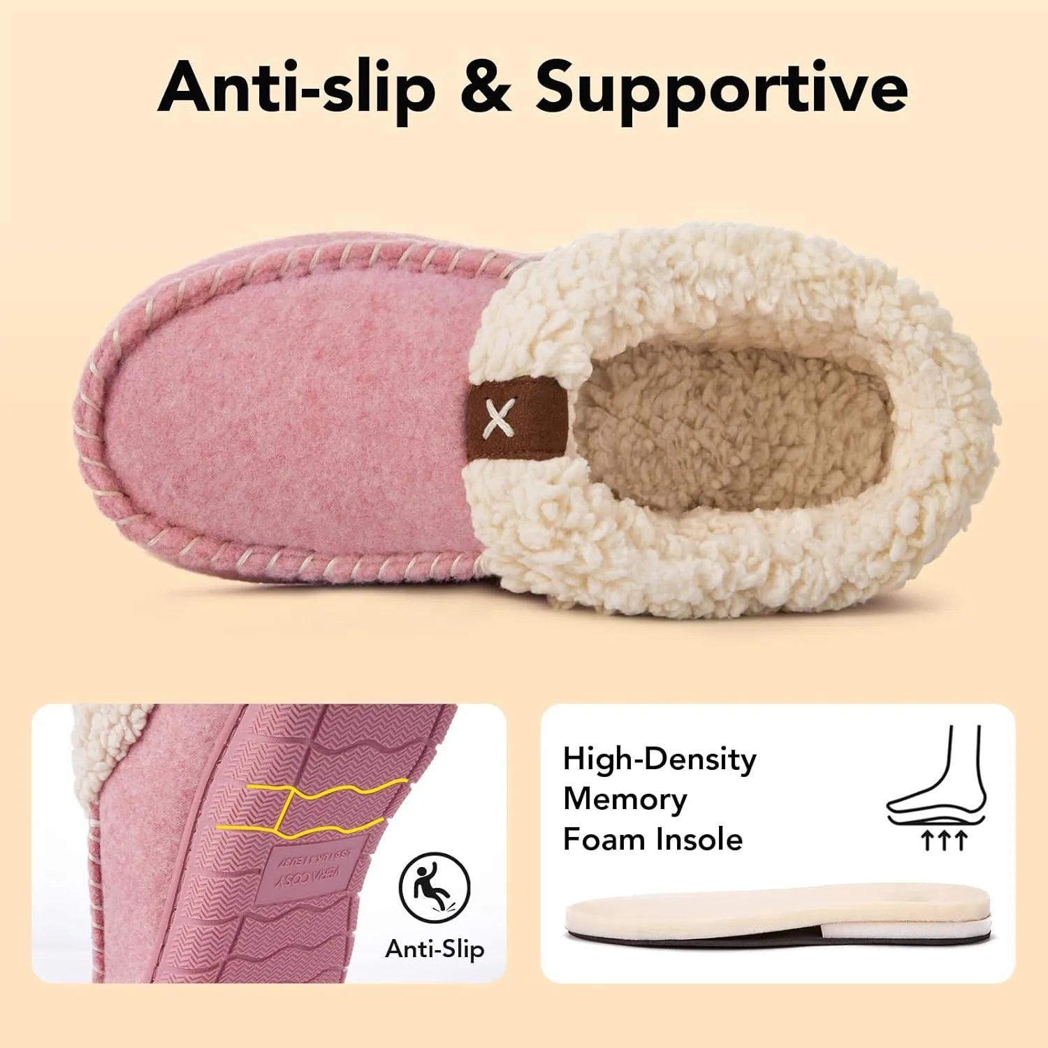 VeraCosy Women's Moccasin Slippers Warm Comfy Wool-felt Memory Foam Indoor House Shoes