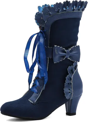 Victorian Boots for Women Vintage Bow Ruffles Goth Boots Costume Lace Up 70S Retro Boots Halloween Witch Stuff Cuban Heel Mid Calf Boots