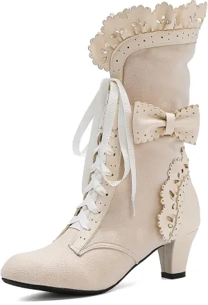 Victorian Boots for Women Vintage Bow Ruffles Goth Boots Costume Lace Up 70S Retro Boots Halloween Witch Stuff Cuban Heel Mid Calf Boots