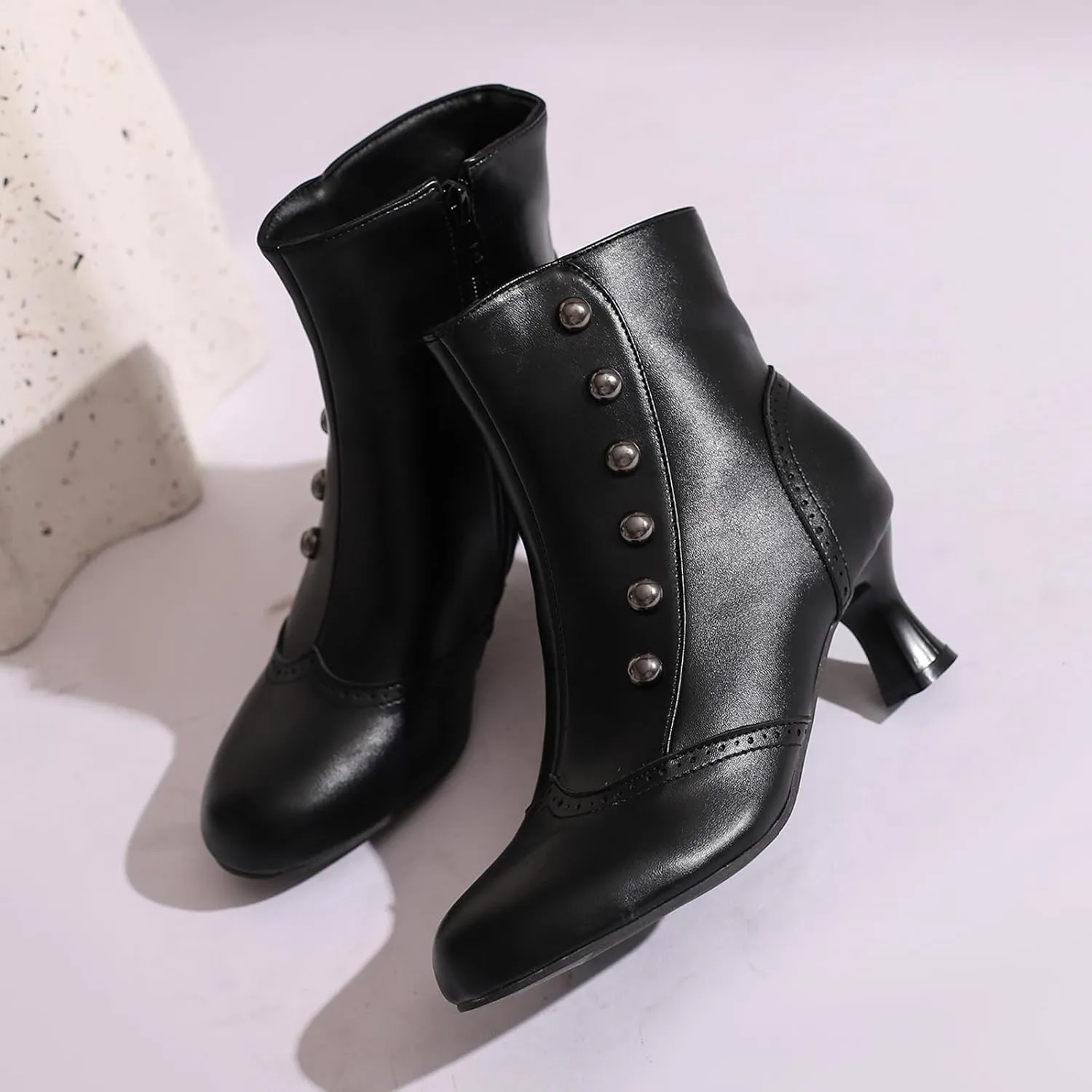 Victorian Boots for Women Vintage Slip On Rivet Ankle-High Booties
