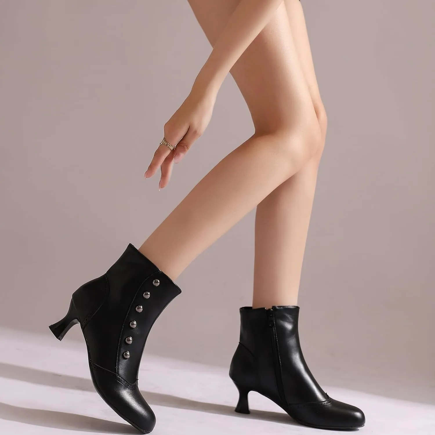 Victorian Boots for Women Vintage Slip On Rivet Ankle-High Booties