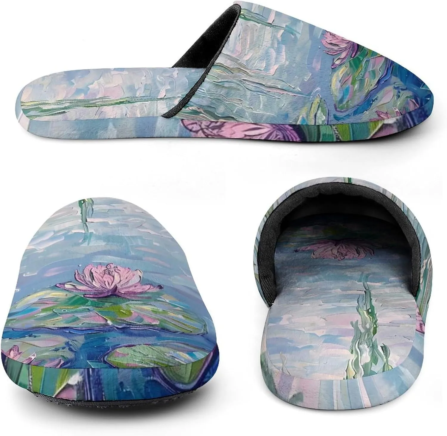 Water Lilies Lotues Weeping Willow Flannel Cotton Slippers Anti-Skid Indoor Outdoor Slippers Closed Toe Slip-on House Shoes