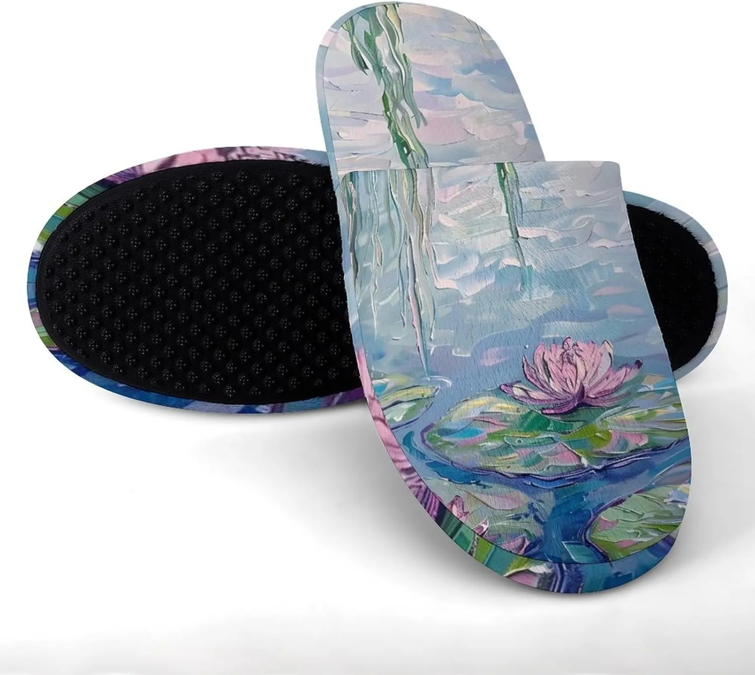 Water Lilies Lotues Weeping Willow Flannel Cotton Slippers Anti-Skid Indoor Outdoor Slippers Closed Toe Slip-on House Shoes