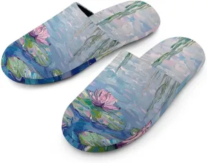 Water Lilies Lotues Weeping Willow Flannel Cotton Slippers Anti-Skid Indoor Outdoor Slippers Closed Toe Slip-on House Shoes