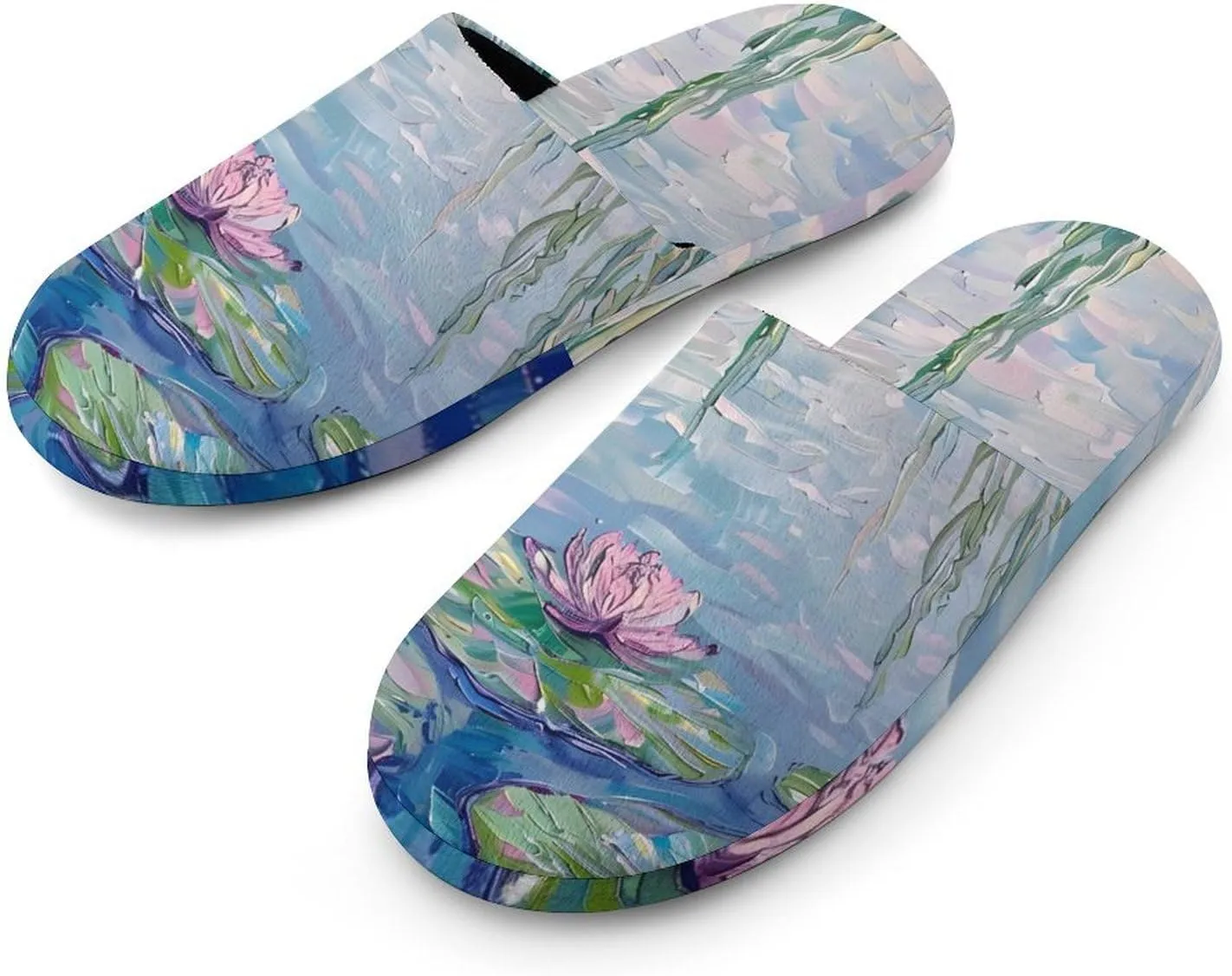 Water Lilies Lotues Weeping Willow Flannel Cotton Slippers Anti-Skid Indoor Outdoor Slippers Closed Toe Slip-on House Shoes