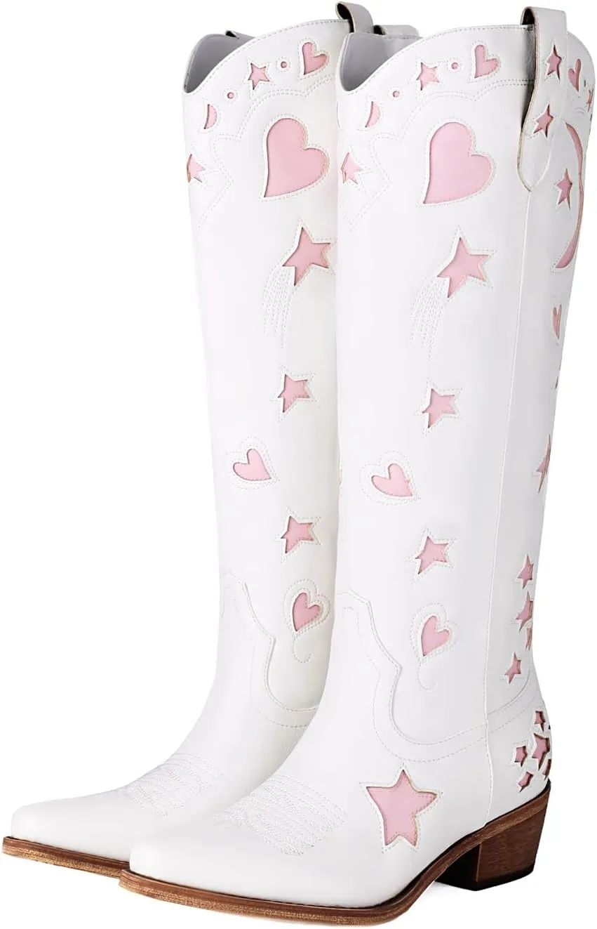 Western Cowboy Boots for Women Knee High, Stars Moon Heart Patterns Low Heel