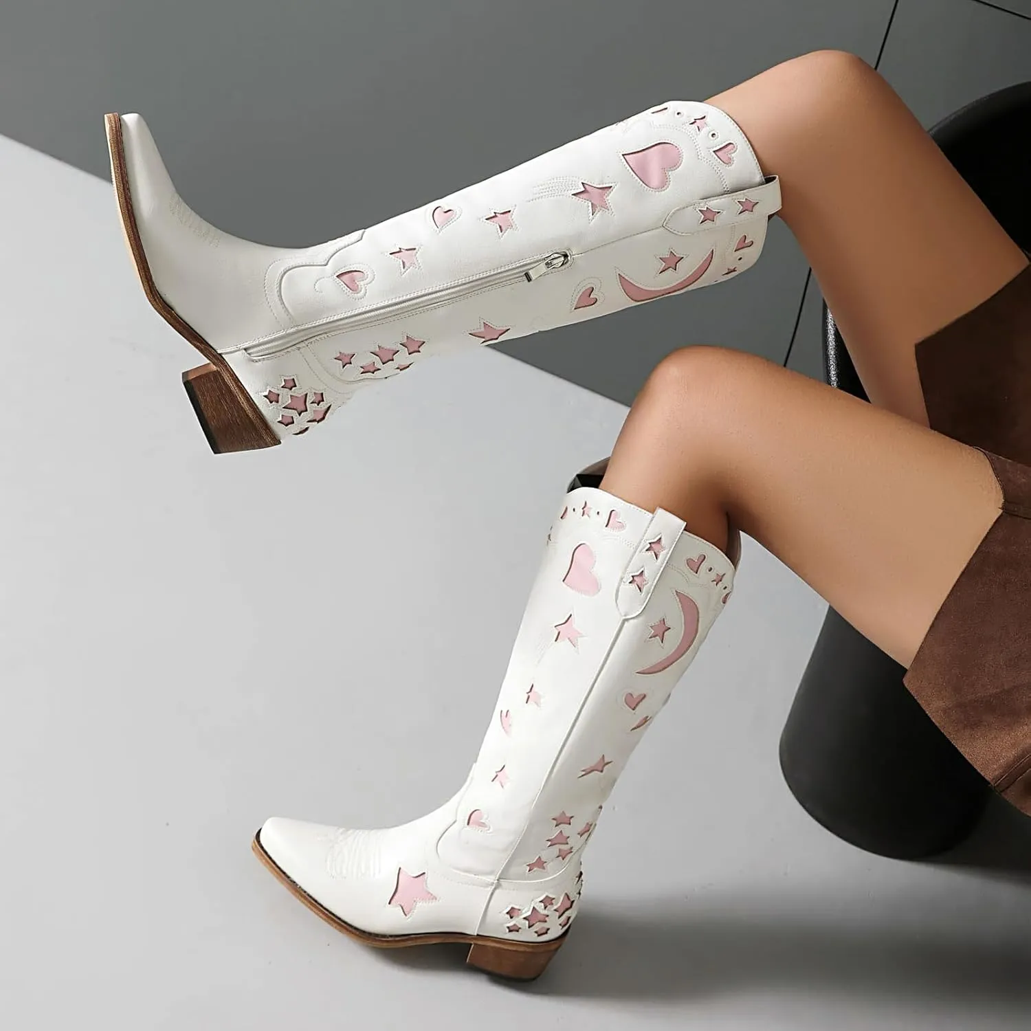 Western Cowboy Boots for Women Knee High, Stars Moon Heart Patterns Low Heel