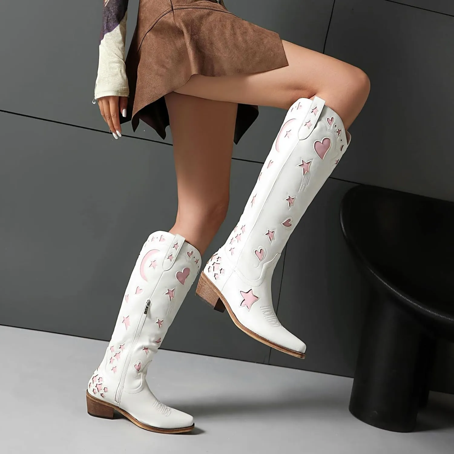 Western Cowboy Boots for Women Knee High, Stars Moon Heart Patterns Low Heel