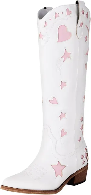 Western Cowboy Boots for Women Knee High, Stars Moon Heart Patterns Low Heel