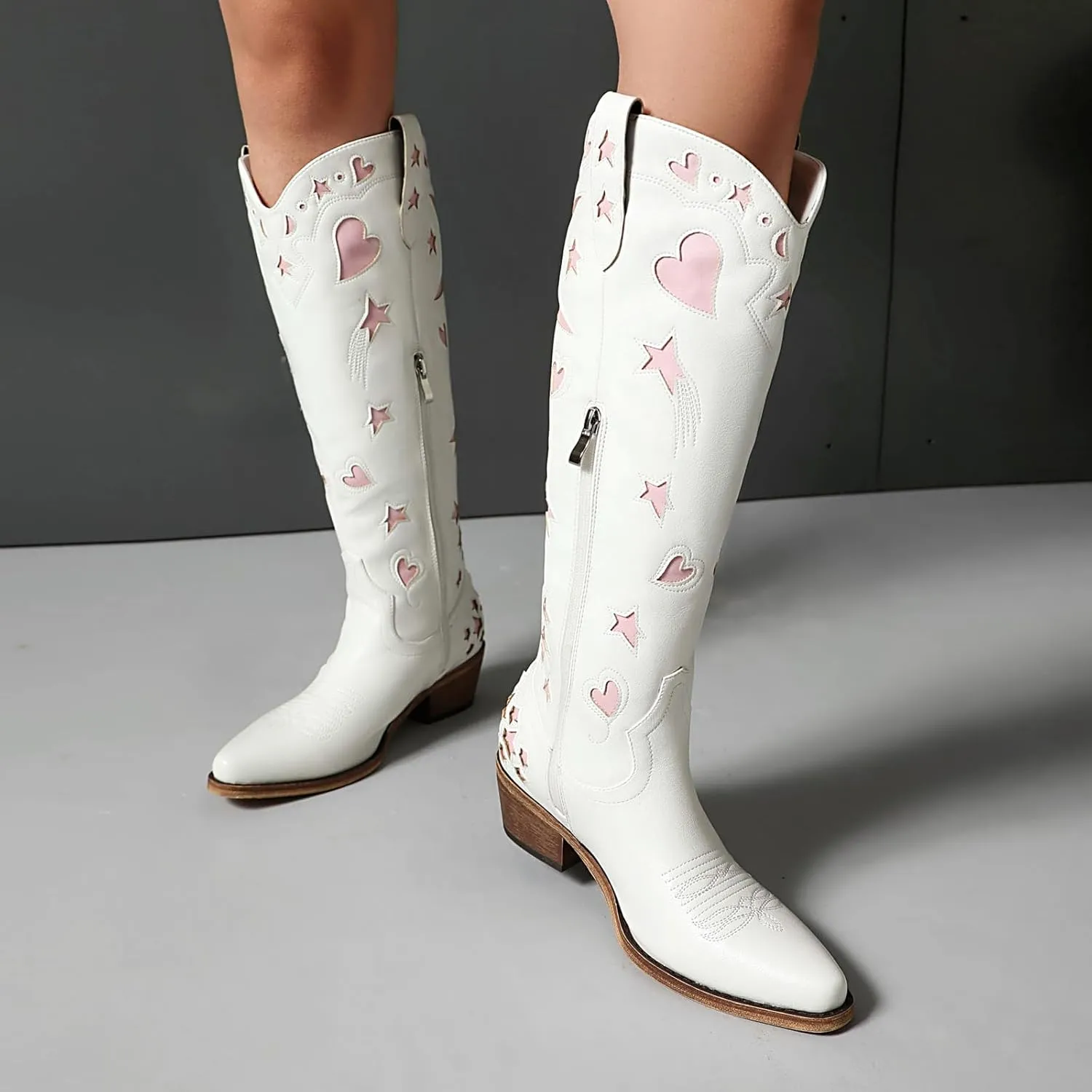 Western Cowboy Boots for Women Knee High, Stars Moon Heart Patterns Low Heel