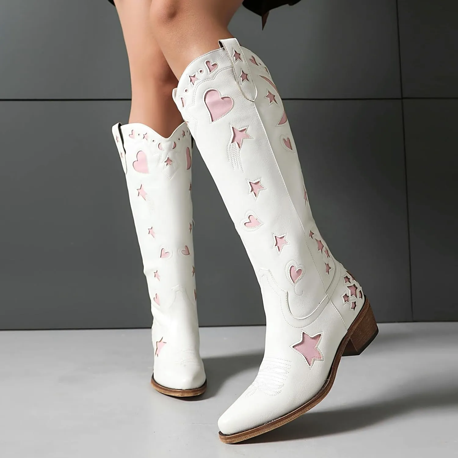Western Cowboy Boots for Women Knee High, Stars Moon Heart Patterns Low Heel
