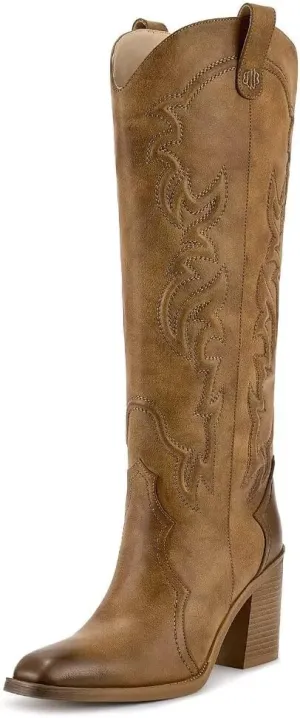 wetkiss Cowgirl Boots Women Knee High Boots, Embroidered Cowboy Boots with Chunky Heel Comfort Tall Western Boots for Women