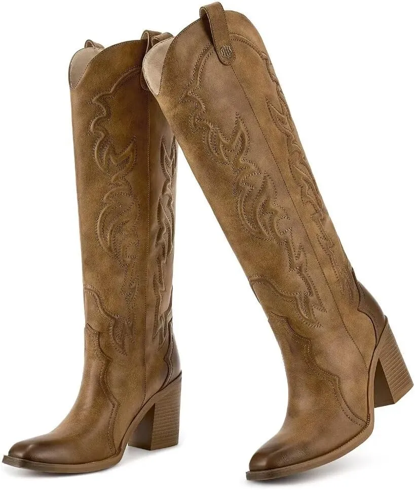 wetkiss Cowgirl Boots Women Knee High Boots, Embroidered Cowboy Boots with Chunky Heel Comfort Tall Western Boots for Women
