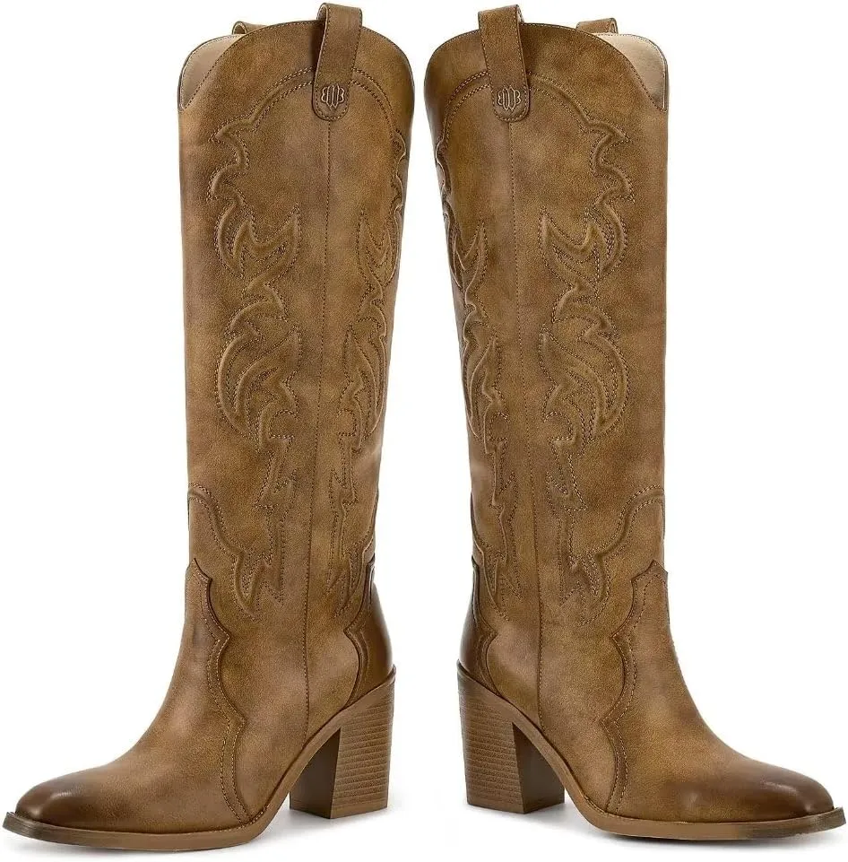 wetkiss Cowgirl Boots Women Knee High Boots, Embroidered Cowboy Boots with Chunky Heel Comfort Tall Western Boots for Women