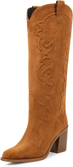 wetkiss Cowgirl Boots Women Knee High Boots, Embroidered Cowboy Boots with Chunky Heel Comfort Tall Western Boots for Women