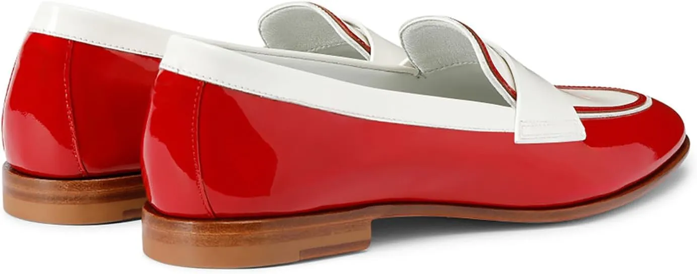 Women Patent Slip On Loafer Flats Two Tone Round Toe Flat Heel Penny Loafers Casual 1 inch Low Heel Loafer Dress Shoes Oxford Comfort Chic Colorblock Office Ladies Basic 4-11 M US
