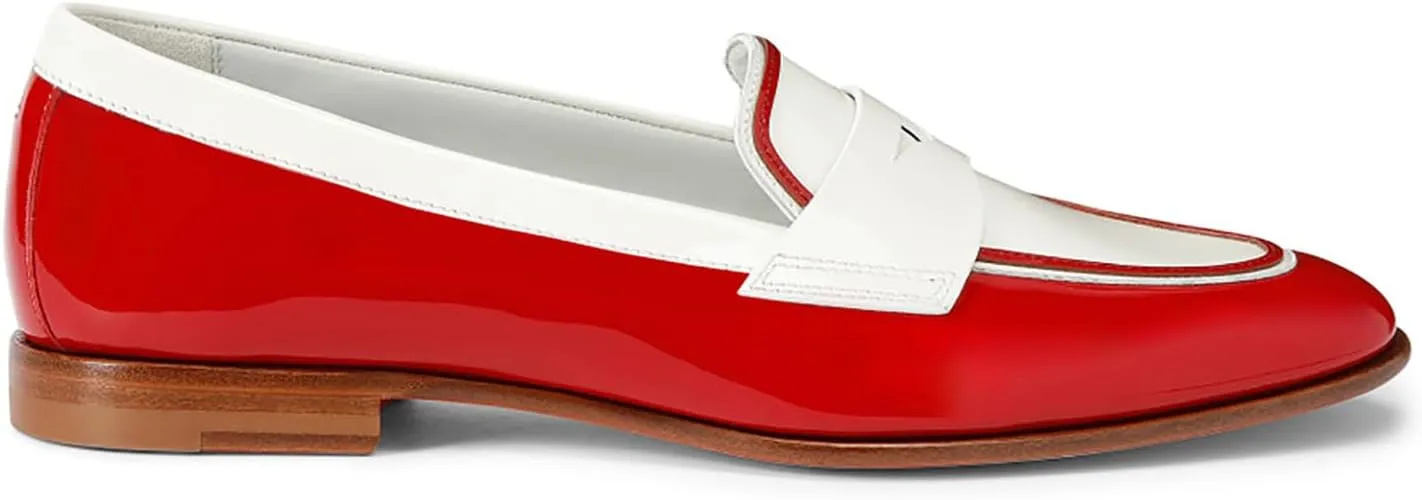Women Patent Slip On Loafer Flats Two Tone Round Toe Flat Heel Penny Loafers Casual 1 inch Low Heel Loafer Dress Shoes Oxford Comfort Chic Colorblock Office Ladies Basic 4-11 M US