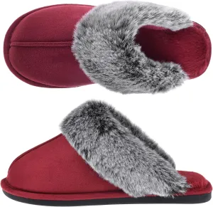 Women's Comfy Faux Fur Scuff Slippers Micro Suede Memory Foam Slip on Fuzzy Slide House Shoes Anti-Skid Sole