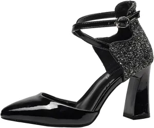 Womens Cross-Tied Court Shoes Pointed Toe Block Heel Pumps
