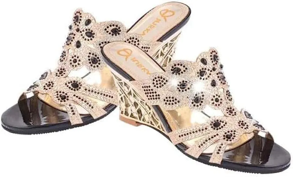 Women's Crystal Rhinestone Peacock Patterned Handmade Sandals Platform Wedge Dress Sandals Slippers