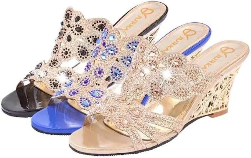 Women's Crystal Rhinestone Peacock Patterned Handmade Sandals Platform Wedge Dress Sandals Slippers
