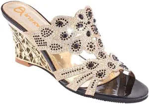 Women's Crystal Rhinestone Peacock Patterned Handmade Sandals Platform Wedge Dress Sandals Slippers