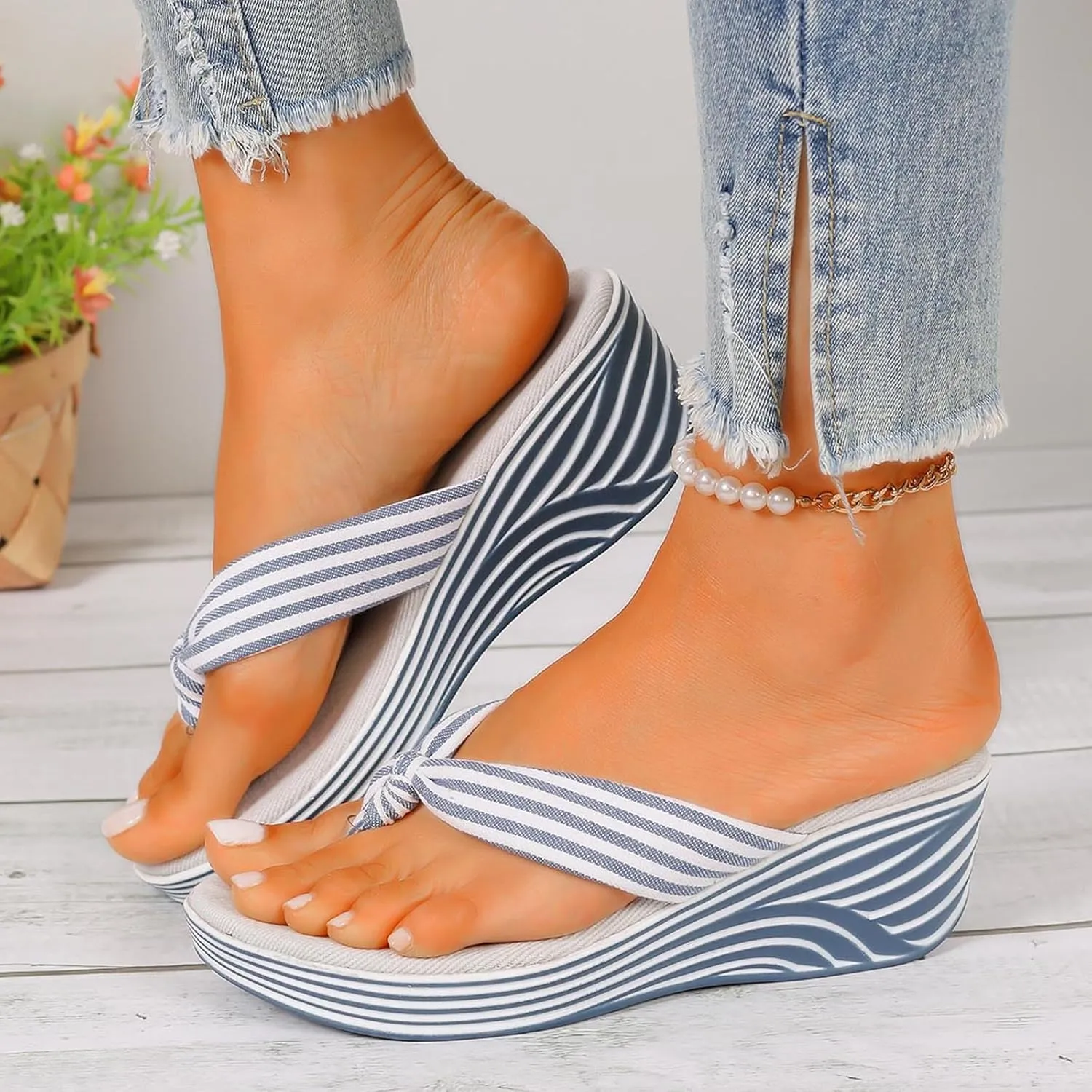 Womens Dressy Wedge Flip Flops Striped Clip Toe Sandals Summer Beach Walking Slippers Arch Support Low Wedges Thong Sandal