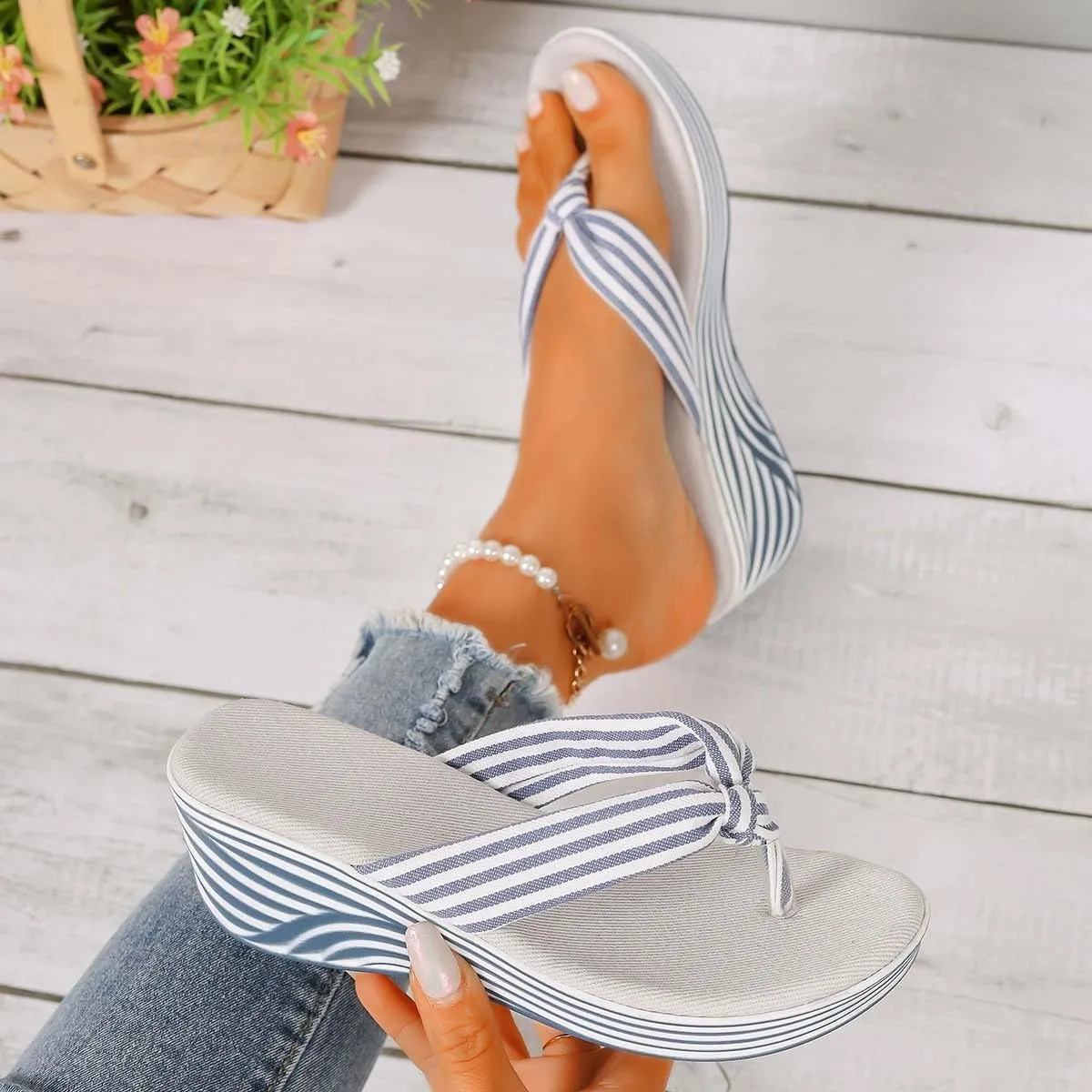 Womens Dressy Wedge Flip Flops Striped Clip Toe Sandals Summer Beach Walking Slippers Arch Support Low Wedges Thong Sandal