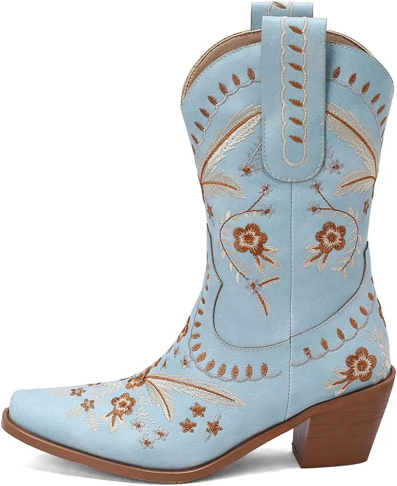 Womens Embroidered Cowgirl Boots Pull On Cowboy Boots for Women Floral Low Chunky Heel Western Boots
