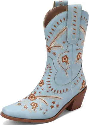 Womens Embroidered Cowgirl Boots Pull On Cowboy Boots for Women Floral Low Chunky Heel Western Boots
