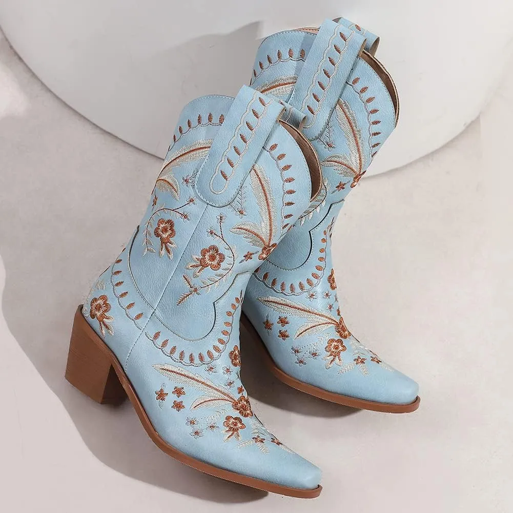 Womens Embroidered Cowgirl Boots Pull On Cowboy Boots for Women Floral Low Chunky Heel Western Boots