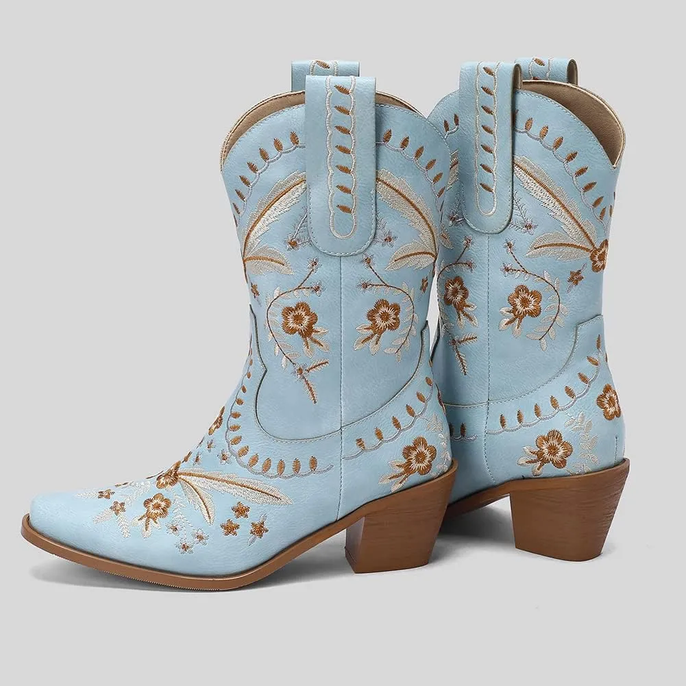 Womens Embroidered Cowgirl Boots Pull On Cowboy Boots for Women Floral Low Chunky Heel Western Boots