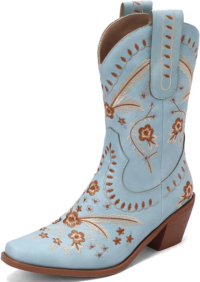 Womens Embroidered Cowgirl Boots Pull On Cowboy Boots for Women Floral Low Chunky Heel Western Boots
