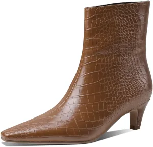 Women's Fashion Low Heel Ankle Boots Square Toe Slip On Kitten Heel Bootie Crocodile Animal Print Faux Suede Matte Leather 2 Inches Heel Party Boots