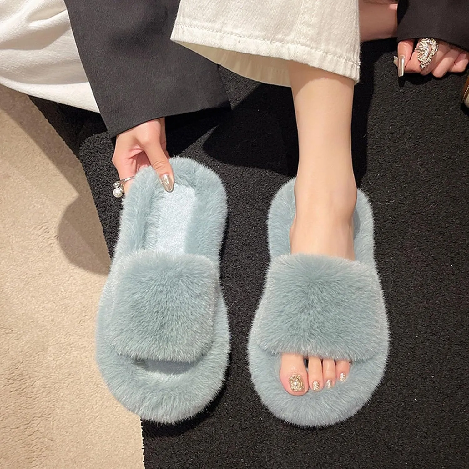 Women's Fluffy Solid Comfy Sandal Open Toe Walking Slip on Slipper Fleeve Soft Flat Slides Lounge Casual Flats