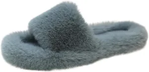 Women's Fluffy Solid Comfy Sandal Open Toe Walking Slip on Slipper Fleeve Soft Flat Slides Lounge Casual Flats