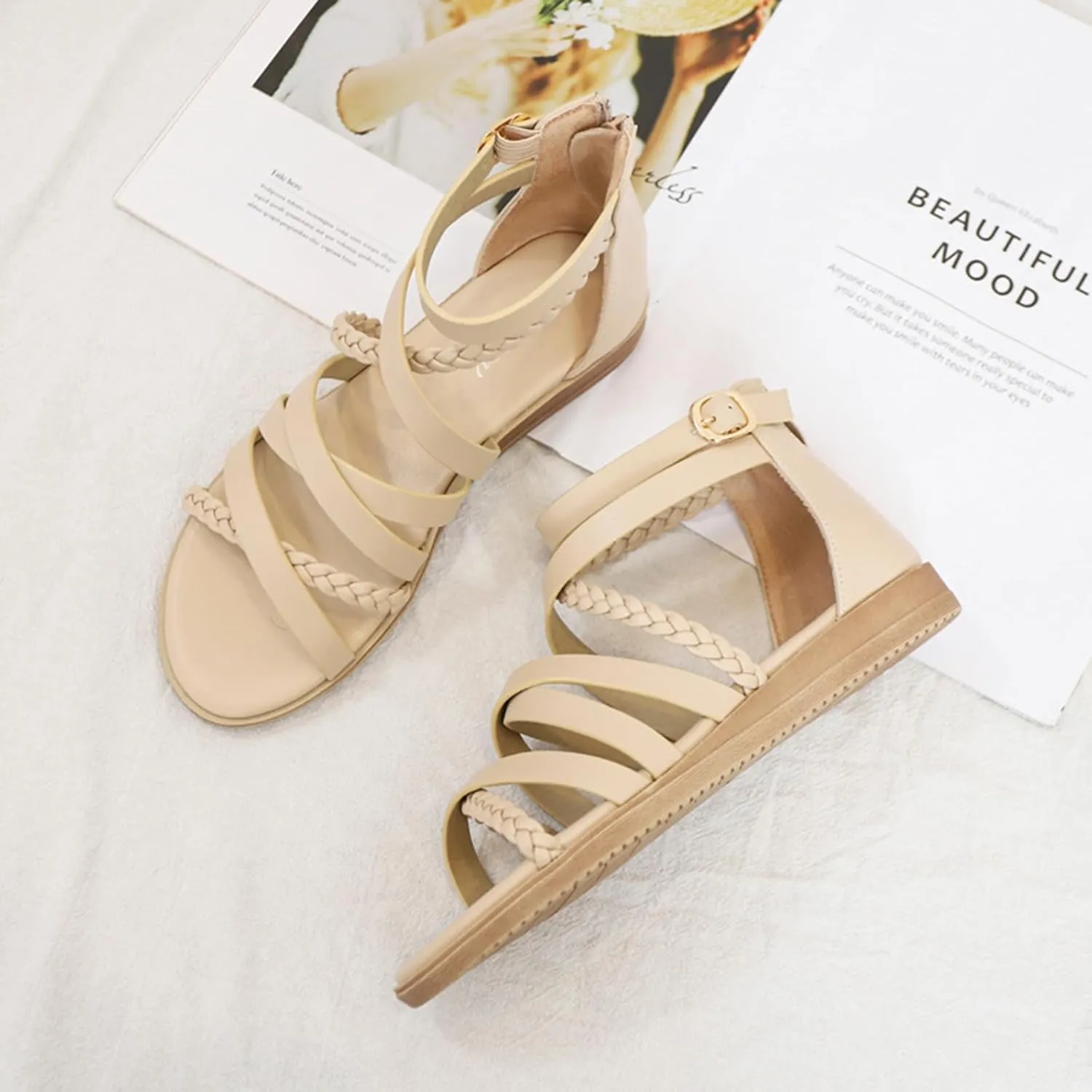 Womens Gladiator Strap Sandals Flat Fisherman Thong Cross Strappy Sandals, Comfortable Open Toe Ankle Strap Sandal Summer Beach Gladiator Shoes Roman Flat Sandal