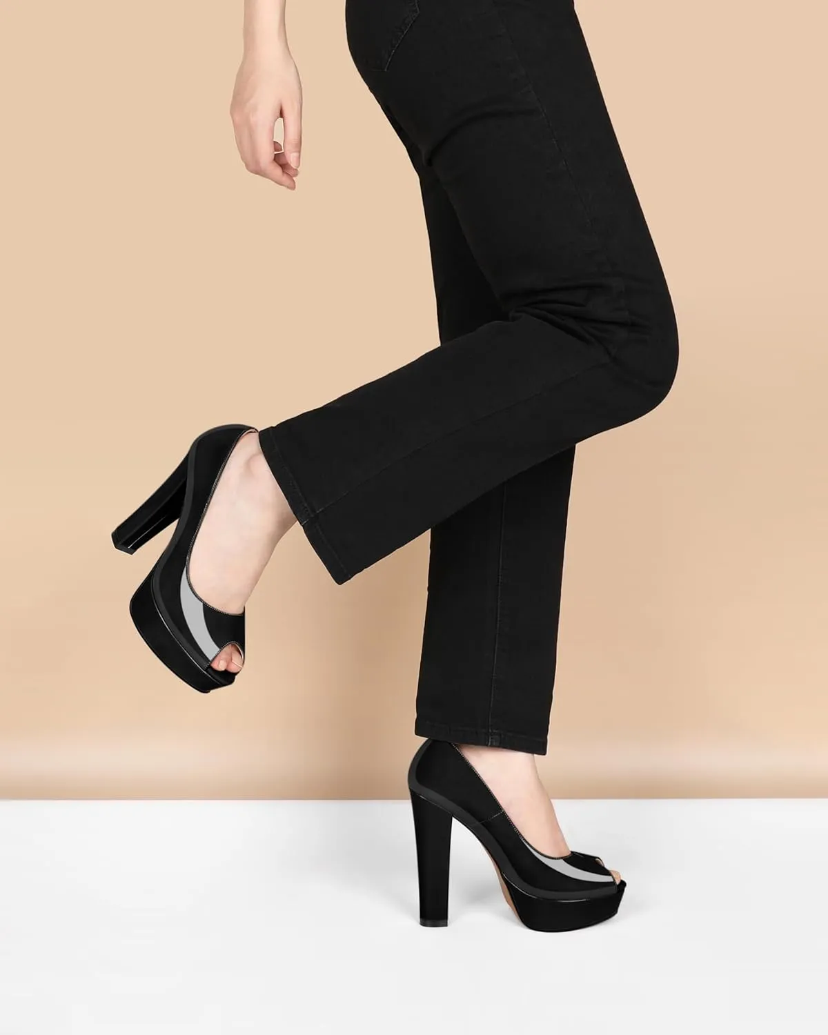 Women's High Heel Pumps Peep Toe Pump for Women Platform High Heels Chunky Block Heeled Shoes Sexy Dance Pumps 5.5 Inch Heel